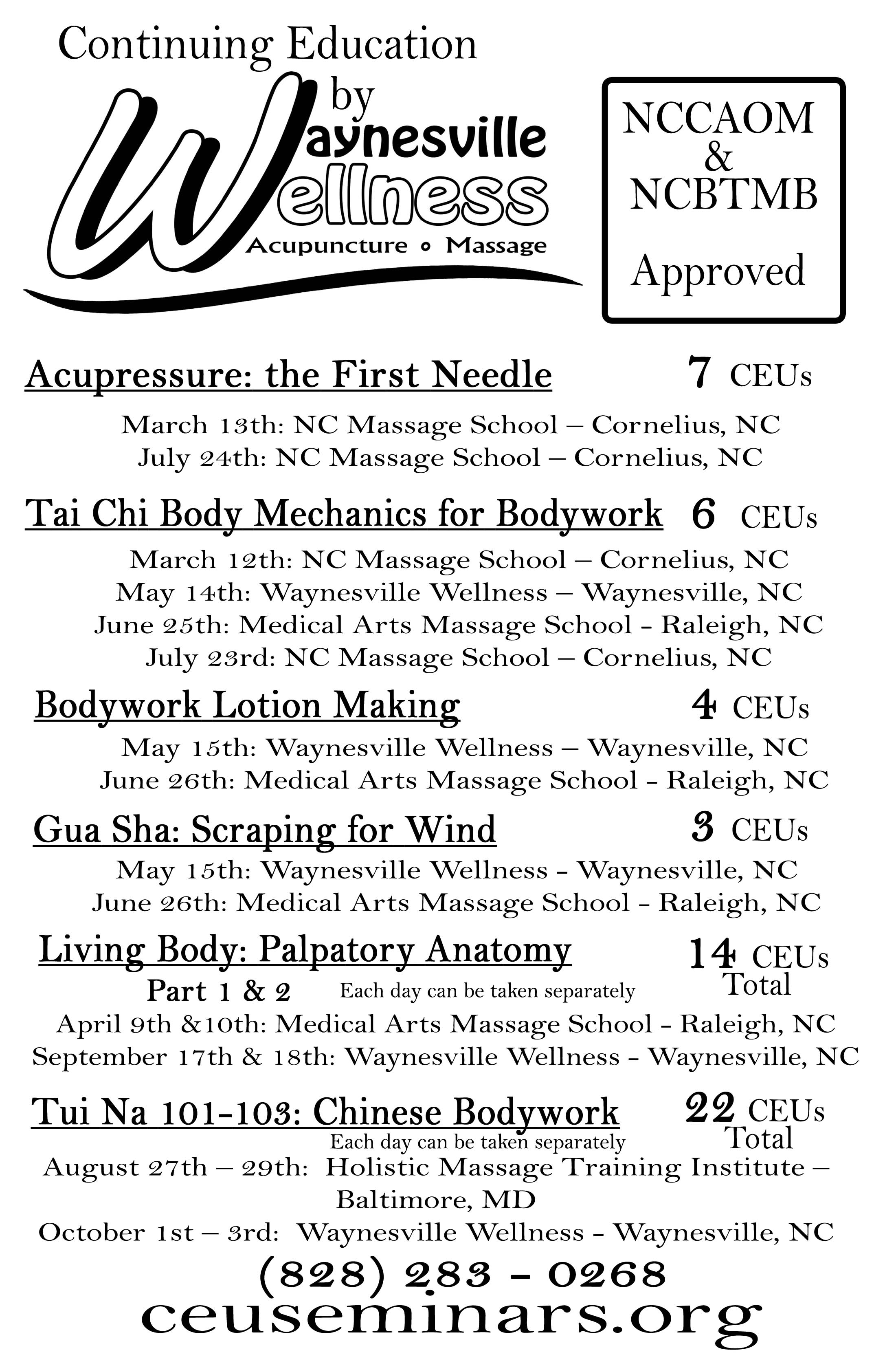 Waynesville Wellness Acupuncture & Massage CE / CEU / PDA Schedule